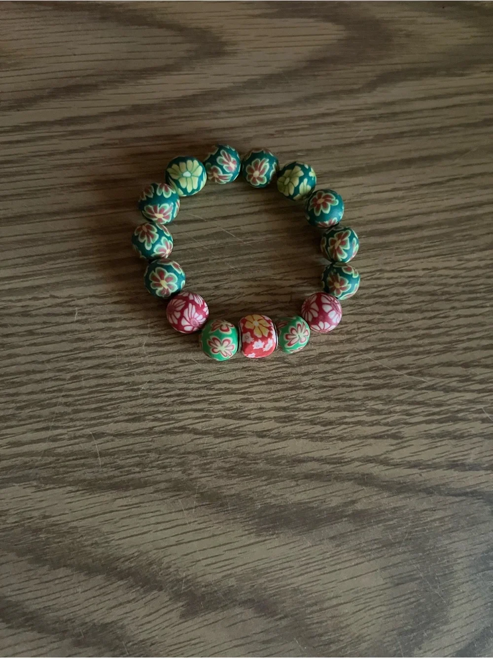 Red and Green Tribal Bracelet with Floral Patterned Beads